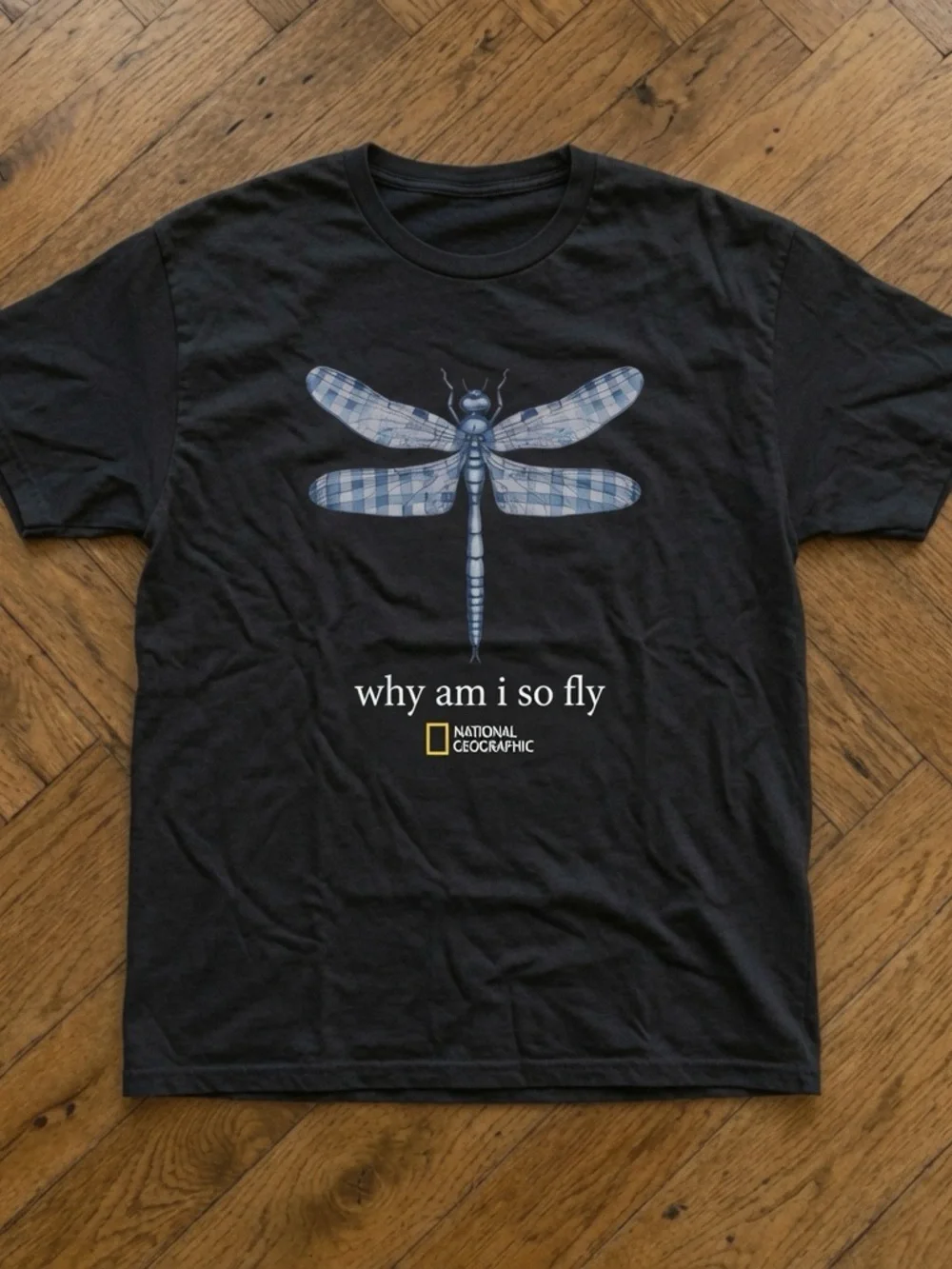 Gildan Black Tee with Blue Plaid Dragonfly Graphic